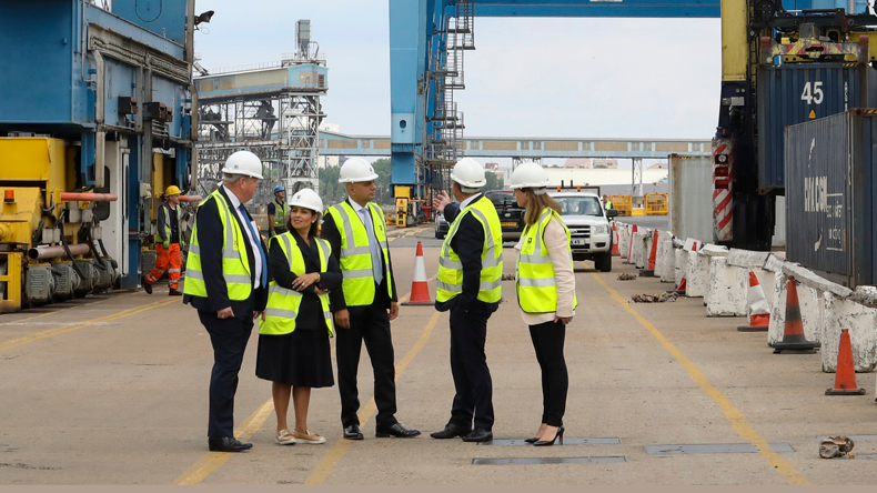 Chancellor Sajid Javid (centre) at  Tilbury, accompanied by Priti Patel (second left), publicising a £2.1bn package to facilitate a WTO Brexit.