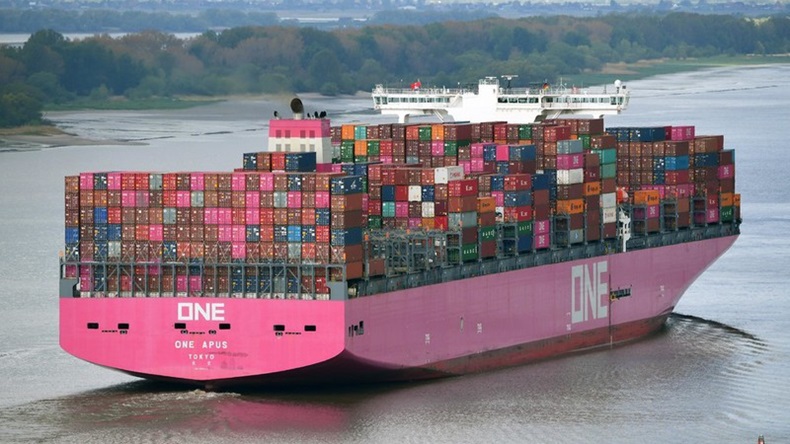 The fully cellular containership ONE Apus at Hamburg.