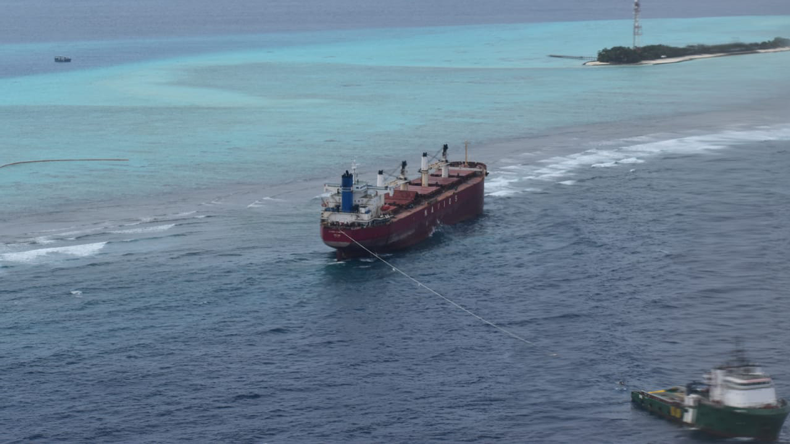 Navios Amaryllis refloating in the Maldives. Credit Maldives National Defence Force