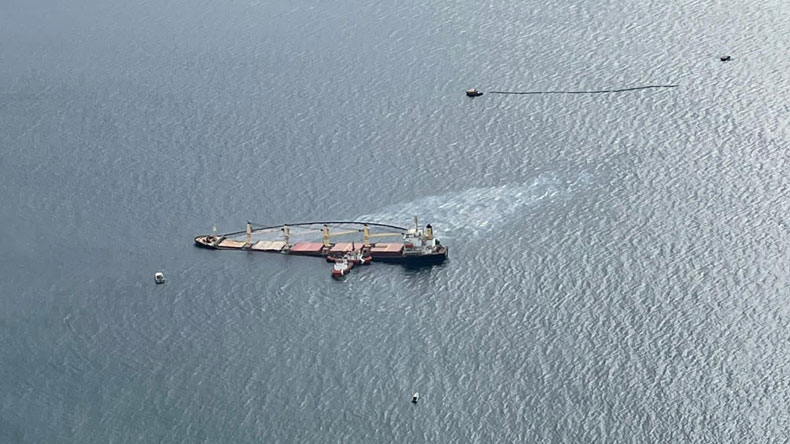 Bulker OS 35 off Gibraltar with trail of leaked oil