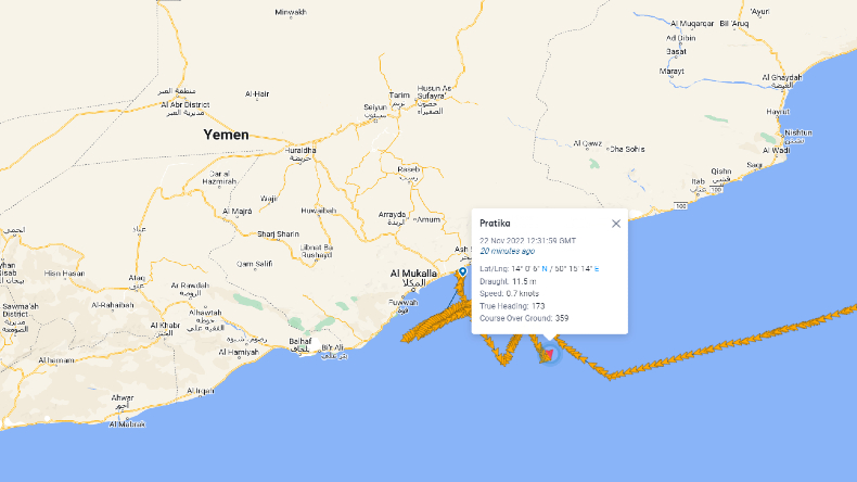 Map showing crude oil tanker Pratika at Yemen attacked by drone