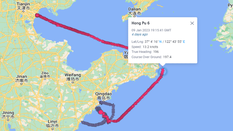 Map of oil tanker Hong Pu 6 route after collision and casualty 