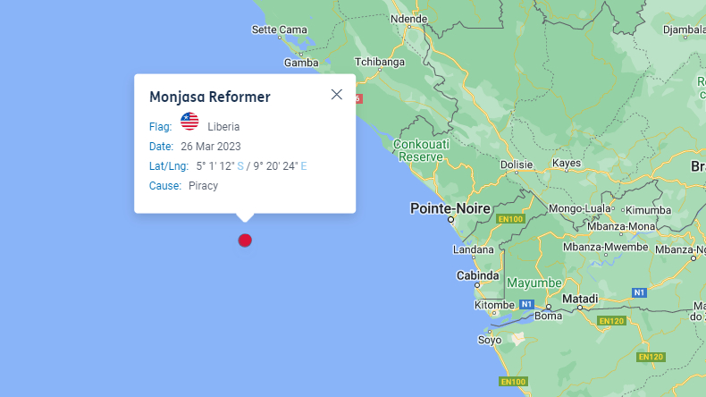 Monjasa Reformer, location of piracy incident 