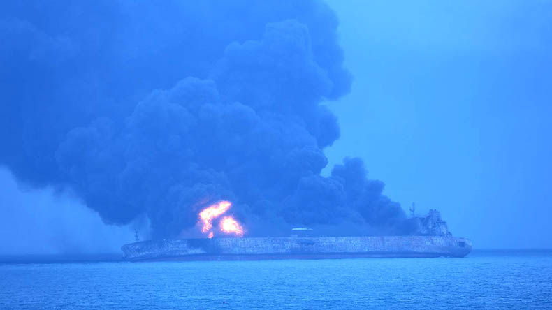 Sanchi tanker on fire. (Korea Coast Guard via AP)