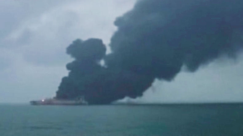 Smoke billows from stricken tanker Sanchi