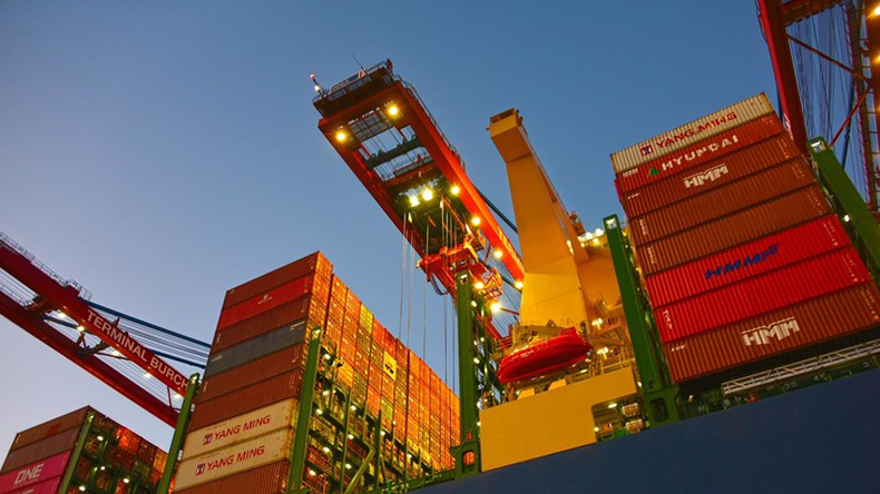 Cranes loading at night at Container Terminal Burchardkai, Hamburg