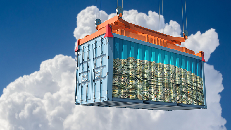  Cargo container with big pile of cash