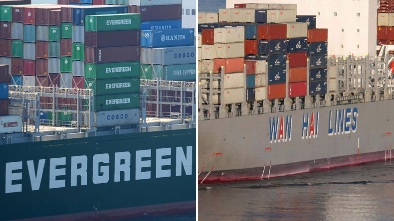 Evergreen and Wan Hai ships with logos