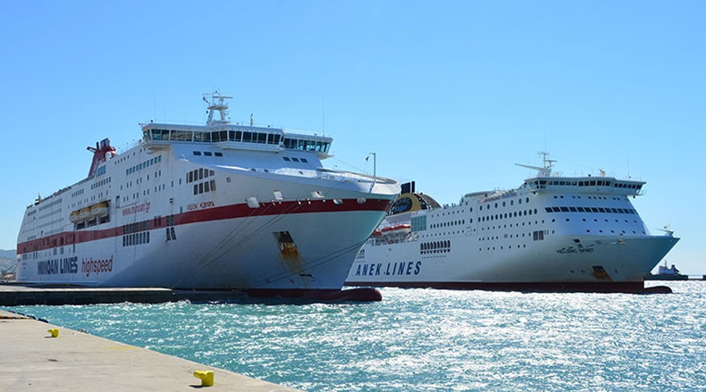 The passenger/ro-ro ferry Cruise Europa (left) and Hellenic Spirit. Cruise Europa is operated by Minoan Lines, a Grimaldi company. IMO: 9351490 Built: 2009 DWT: 7,500 Flag: Italy. Hellenic Spirit is owned and operated by Anonymos Naftiliaki Etaireia Kritis (Anek) Lines of Greece. 