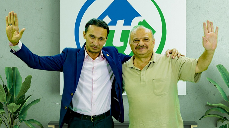 ITF contact for Egypt Alsayed Alchazli (left) celebrates with Turkish Captain Vehbi Kara, who went home at the weekend after Egyptian authorities relented and released him from enforced duties as legal guardian of the abandoned MV Kenan Mete | (Credit: ITF)