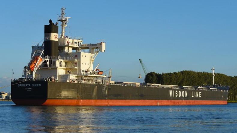 September 2020: The bulk carrier Sakizaya Queen at Schelde. Built 2018 by Tsuneishi Group (Zhoushan) Hull-Body Production Incorporated at Tsuneishi, 81,858 dwt, IMO 9783148, Flag Panama. As of October 2020, Lloyd’s List Intelligence gives beneficial owner as Wisdom Marine Lines Company Limited, commercial operator and technical manager both Wisdom Marine Lines S.A., with registered owner Sakizaya Queen S.A., and the third-party operator Sea Green Shipping S.A.