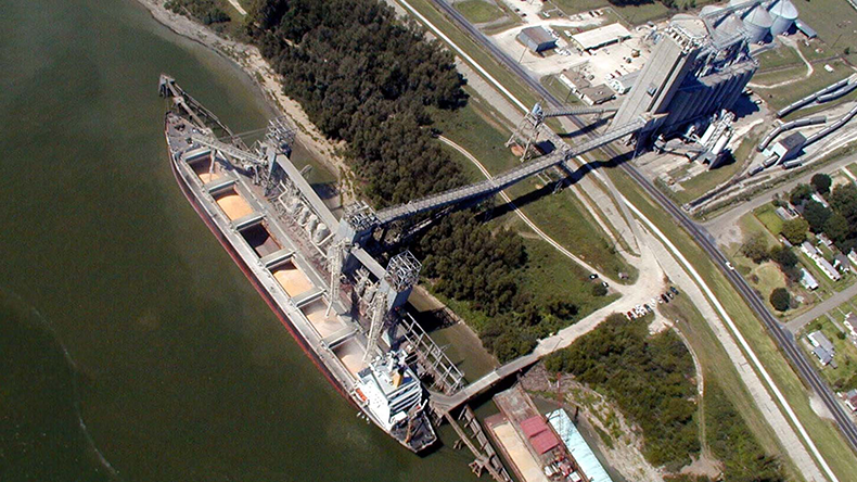 Bulker loading grain at the port of South Louisiana, Mississippi River