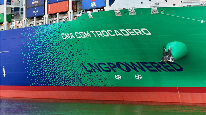 July 2021: The ultra-large fully cellular containership CMA CGM Trocadero at Hamburg. Built 2021 by Shanghai Jiangnan Changxing Shipbuilding Company Limited at Shanghai, 22000 teu, 220666 dwt, IMO 9839167, Flag France. As of August 2021, Lloyd’s List Intelligence gives beneficial owner and commercial operator both as CMA CGM SA (The French Line), technical manager CMA Ships SAS and registered owner Yuan Zi SNC