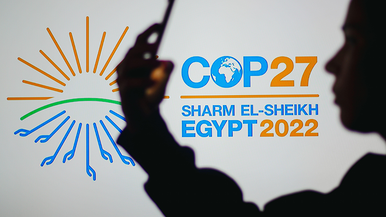 Woman’s silhouette holds a smartphone with COP27 logo