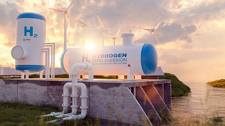 Green hydrogen production facility with wind turbines