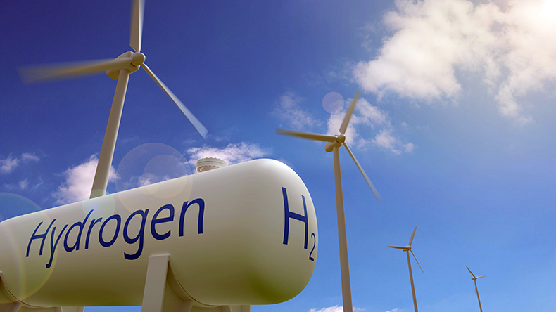 Hydrogen tank and wind turbines on blue sky background. Sustainable and ecological energy concept. 3d illustration. 