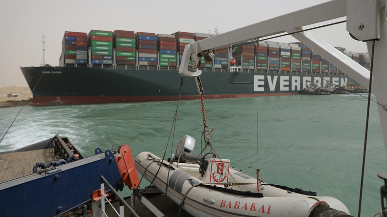 Ever Given seen from one of the tugs involved in the refloating. Credit Suez Canal Authority