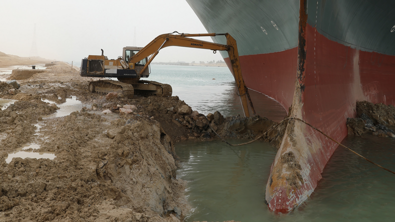 Digging out the grounded Ever Given. Credit Suez Canal Authority