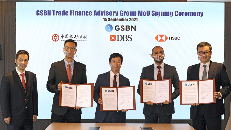 Signing ceremony for Global Shipping Business Network, Bank of China, DBS Bank and HSBC forming trade finance advisory group. Pic from GSBN