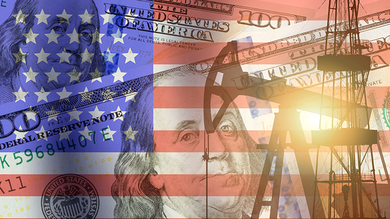 US flag crude oil and petroleum concept with pump jack