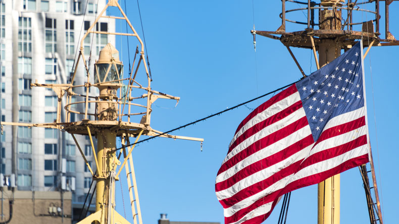 US flag on ship mast