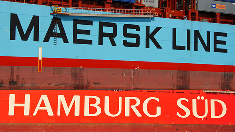 Hamburg Sud and Maersk logos on the side of ships