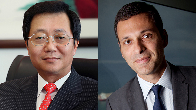 Xu Lirong, China Cosco Shipping Group chairman, left and Rodolphe Saadé, chairman and chief executive of CMA CGM
