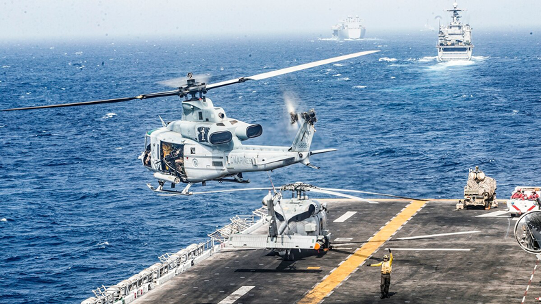 Helicopter takes off from USS Boxer in Middle East Gulf