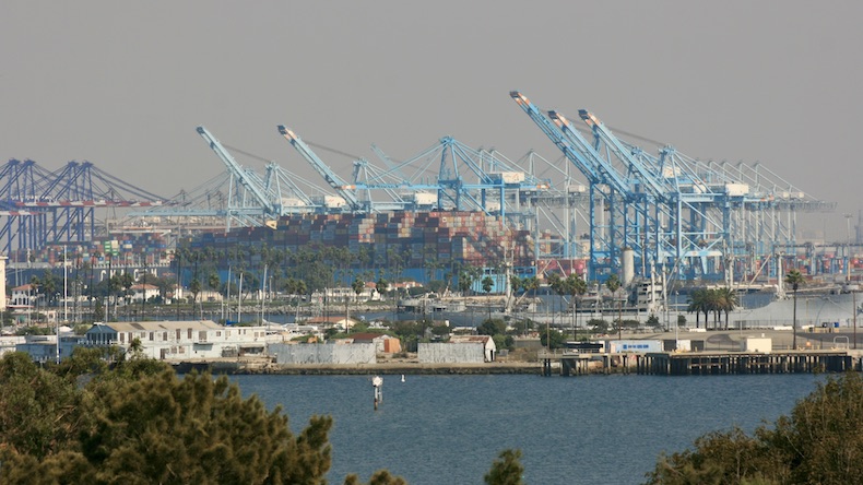 The 2010-built 13,092 teu Maersk Eindhoven being worked in Los Angeles. Credit: Eric Watkins / Glamma
