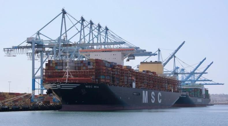 MSC Mia being worked on in the Port of Los Angeles on Thursday April 2020. Credit: Eric Watkins 