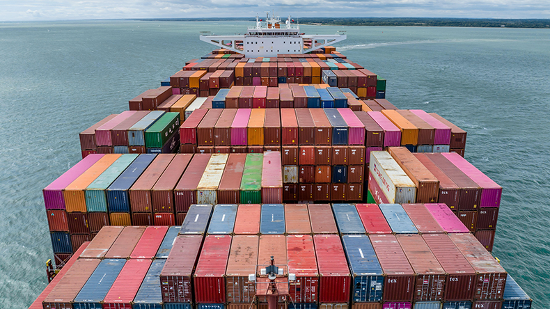Containership at sea transporting goods