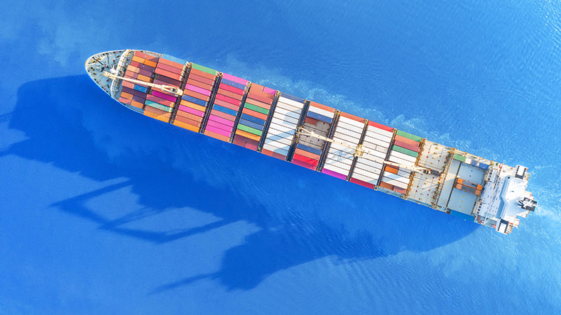 Containership at sea, aerial view