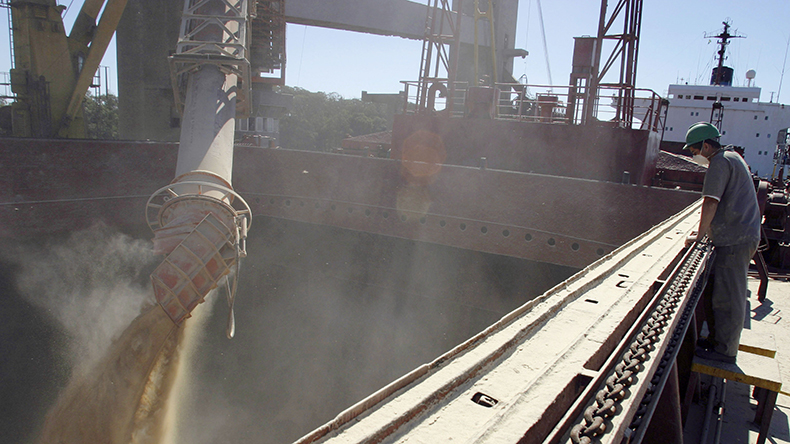 Bulk carrier loads soya at Rio Grande in Brazil