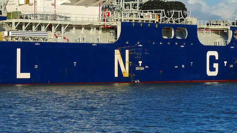 LNG painted on the side of a gas carrier vessel