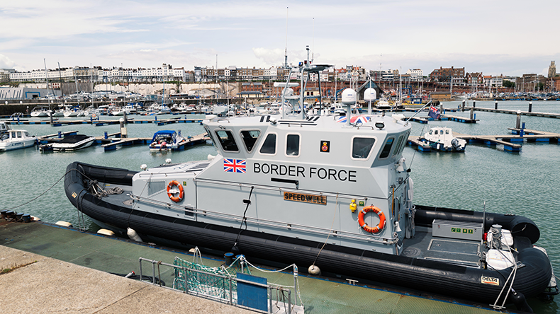 Ramsgate, UK - June 7 2020 A british border force control vessel called Speedwell in Ramgate Royal Harbour.  Credit: CBCK-Christine / Alamy Stock Photo 