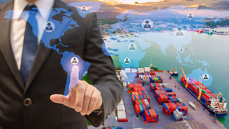 Composite of businessman and container port