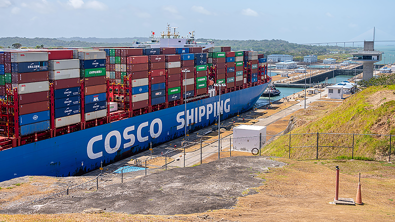 Containership at the Agua Clara locks on the Panama canal