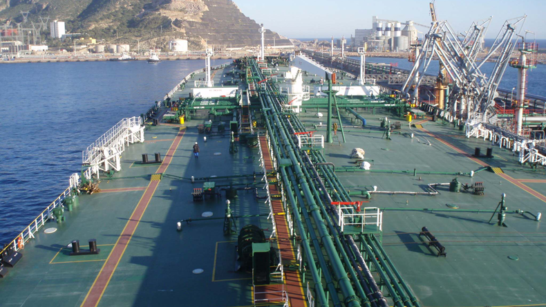 View down deck of suezmax tanker