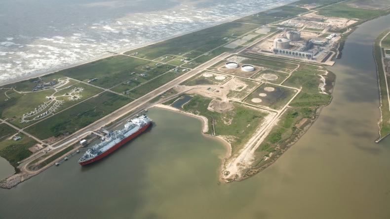 Aerial view of Freeport LNG plant with Excelsior vessel