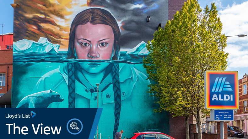 Huge mural of Greta Thunberg Swedish schoolgirl environmental activist painted on walls of Tobacco Factory Theatre by Aldi carpark - Bristol UK