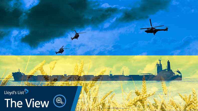 Bulk cargo ship and military helicopters overlayed with flag of Ukraine and wheat field