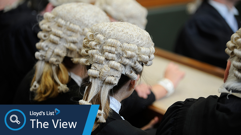 Law court in England with members of the bar wearing barristers’ wigs