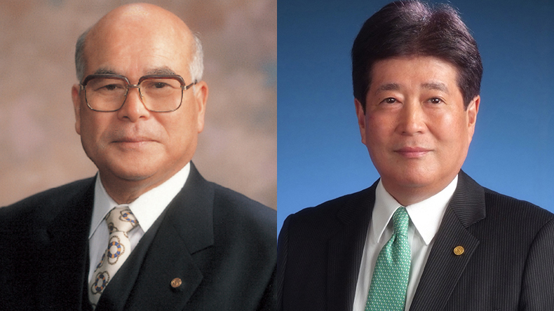Toshiyuki (left) and Yukito Higaki, father and son, chairman and president, Imabari Group