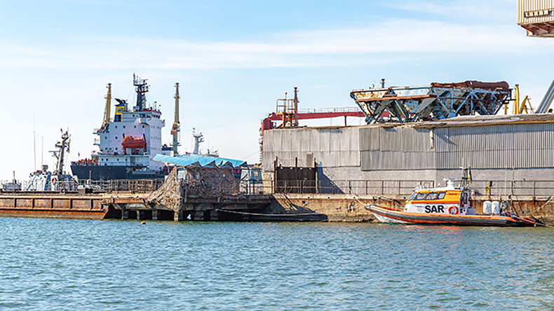 Boats and ships in cargo port of Berdyansk, Ukraine