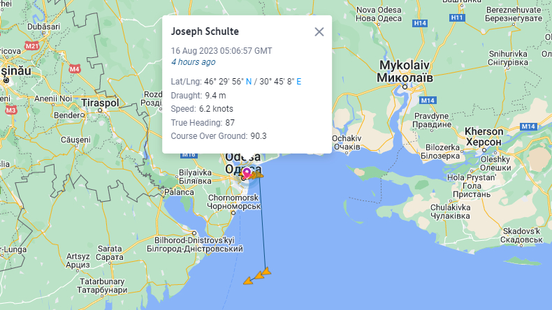 Containership Joseph Schulte departs Odesa, Ukraine after been stranded for a year and a half travelling along a new maritime corridor. 