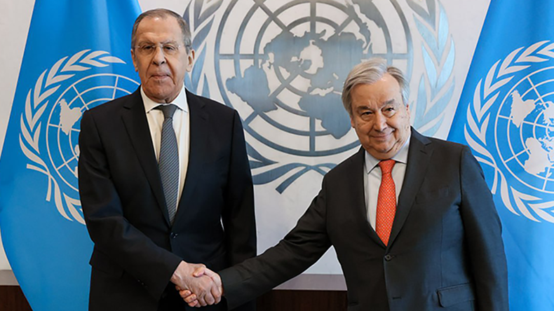 UN secretary-general Antonio Guterres meets with Russia’s Foreign Minister Sergei Lavrov