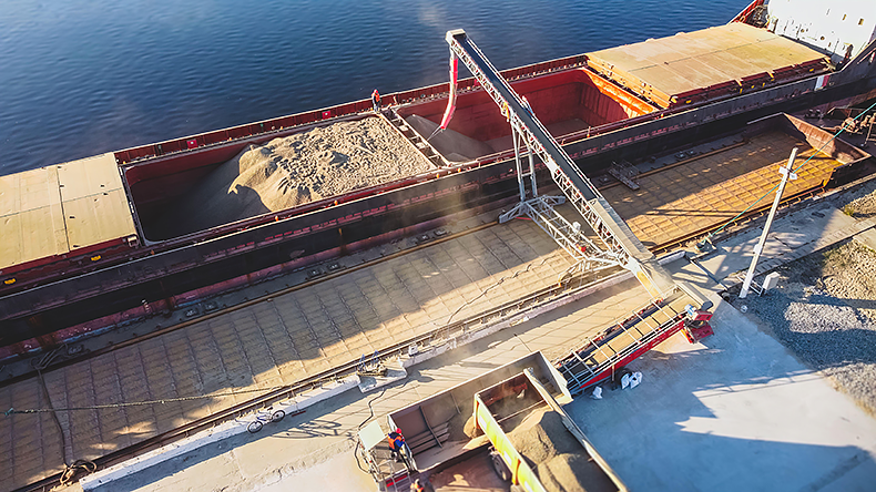 Aerial view loading a grainship at Ukraine