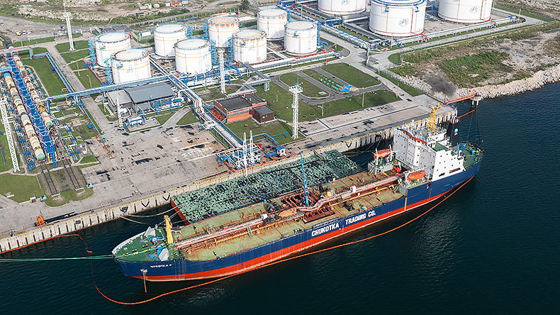 Ariel view of oil storage tanks and tanker at Nakhodka, Russia