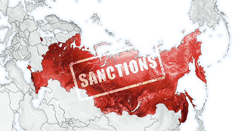 Russia on world map with countries borders, stamped sanctions 