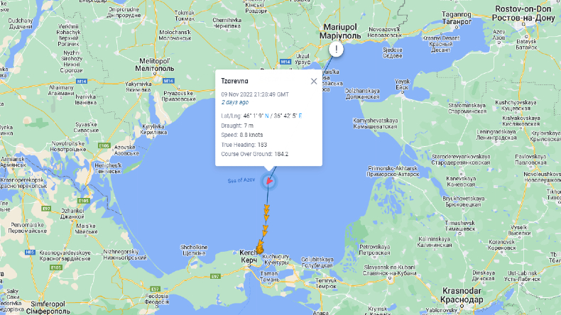 Map showing bulk carrier Tzarevna route from Mariupol